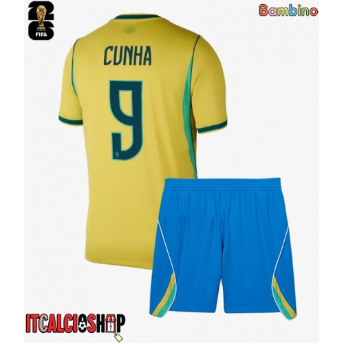Brasile Matheus Cunha #9 Prima Maglia Bambino Mondiali 2026 Manica Corta (+ Pantaloni corti)